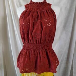 Fairycore Burgundy Cotton Eyelet Blouse Marc New York sz L Cottage Summer